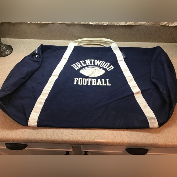 VINTAGE Athletic Bag Company “BRENTWOOD FOOTBALL” Canvas Duffel Bag Navy & White - Picture 1 of 16